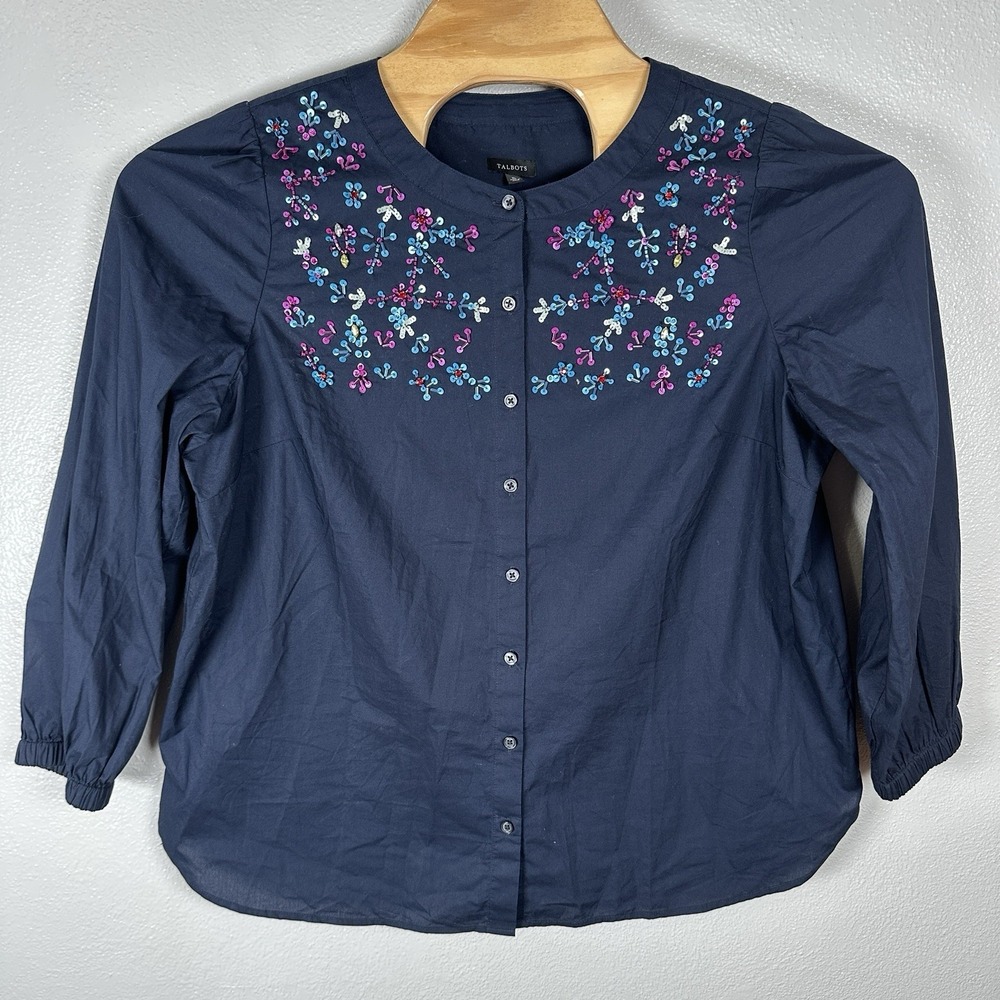 Talbots Womens XL Embelished Poplin Top Navy Blue Beaded Floral Cotton Button Up
